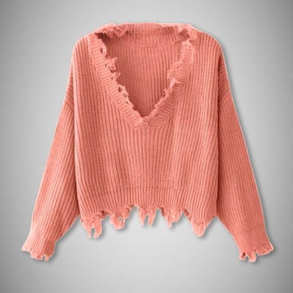 Zaful Cropped Sweater Distressed Frayed V-Collar Loose Fit Orangepink/Coral  XL - Picture 1 of 10